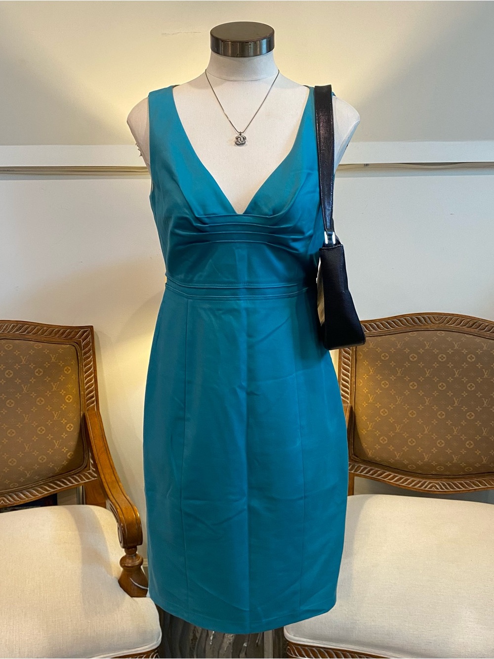 Elie Tahari Teal Blue Cotton V-Neck Sleeveless Sheath Dress, Size Small